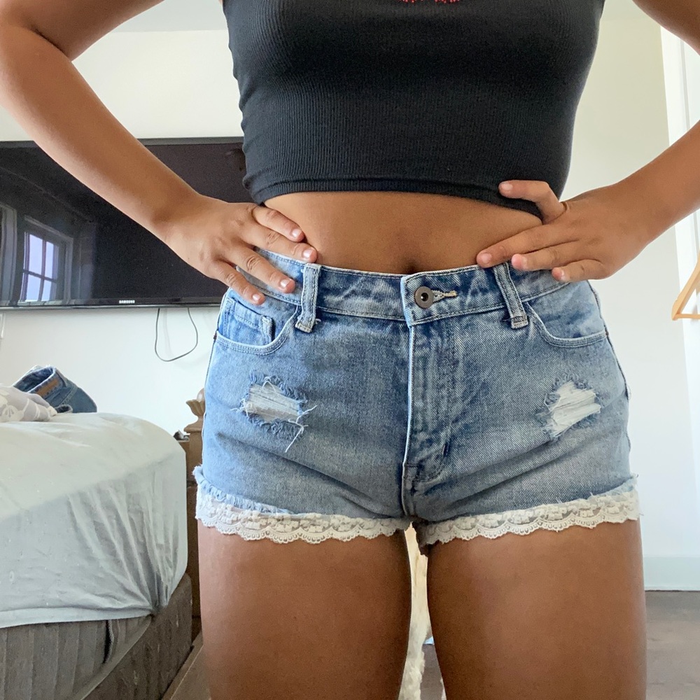 Denim shorts with white lace